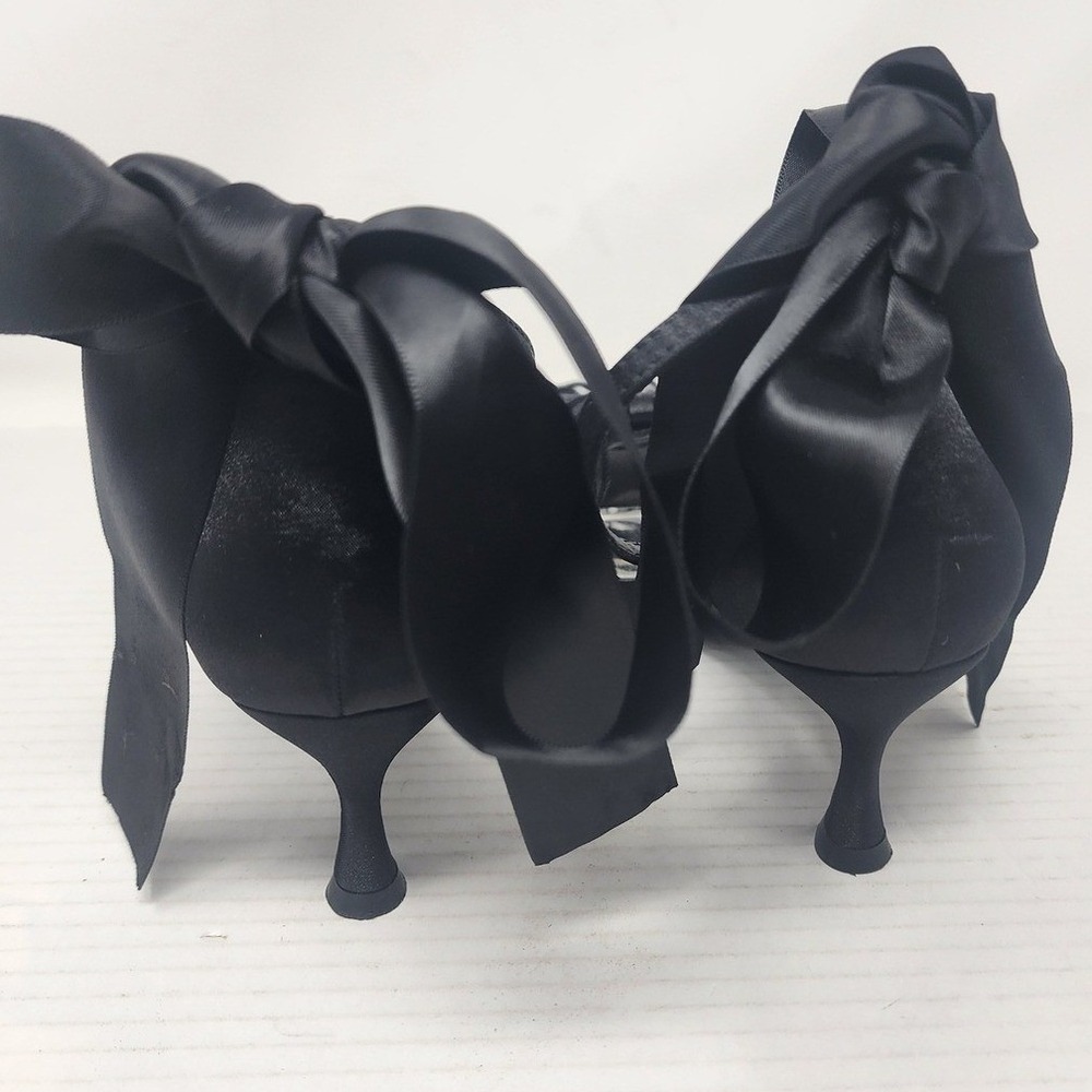 Black Satin Organza Bow Kitten Heels Ankle Tie Evening Sandals Square‎ Toe 6.5 - Picture 7 of 10